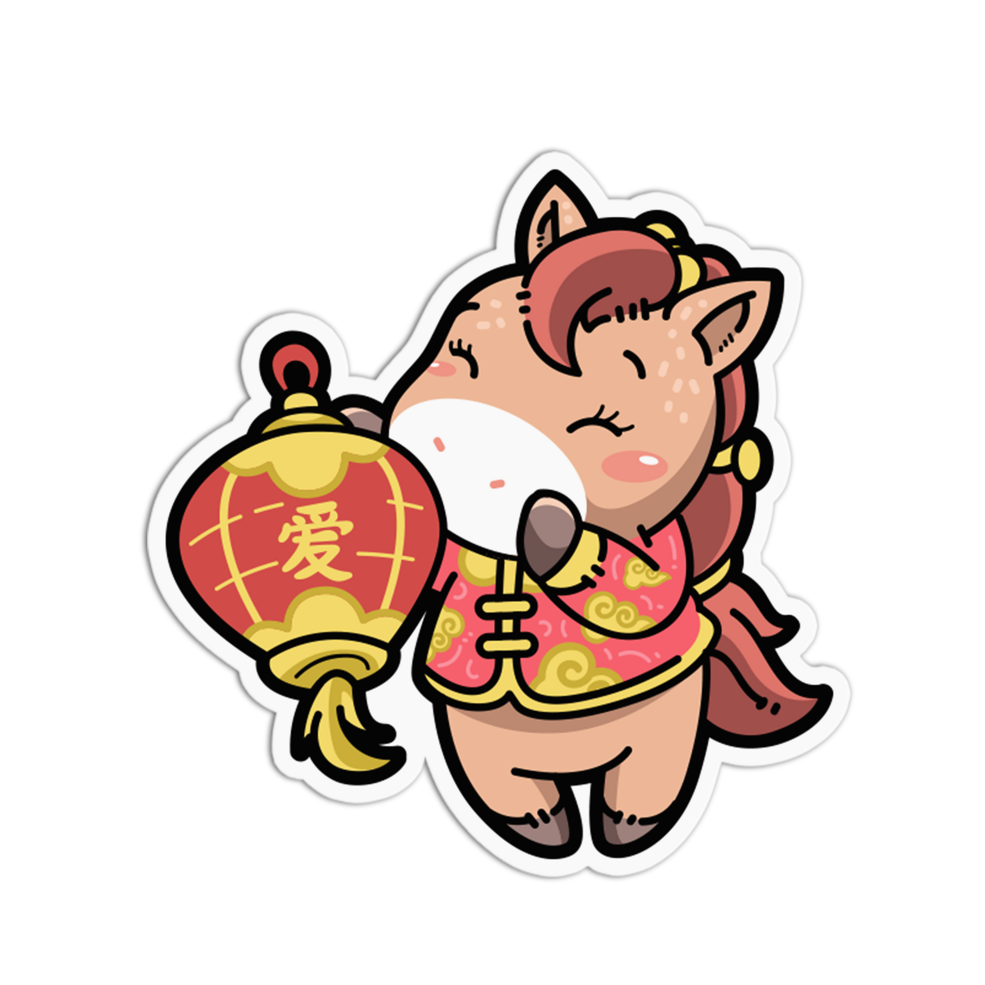 Cartoon pig character holding a red lantern with gold accents on a white background