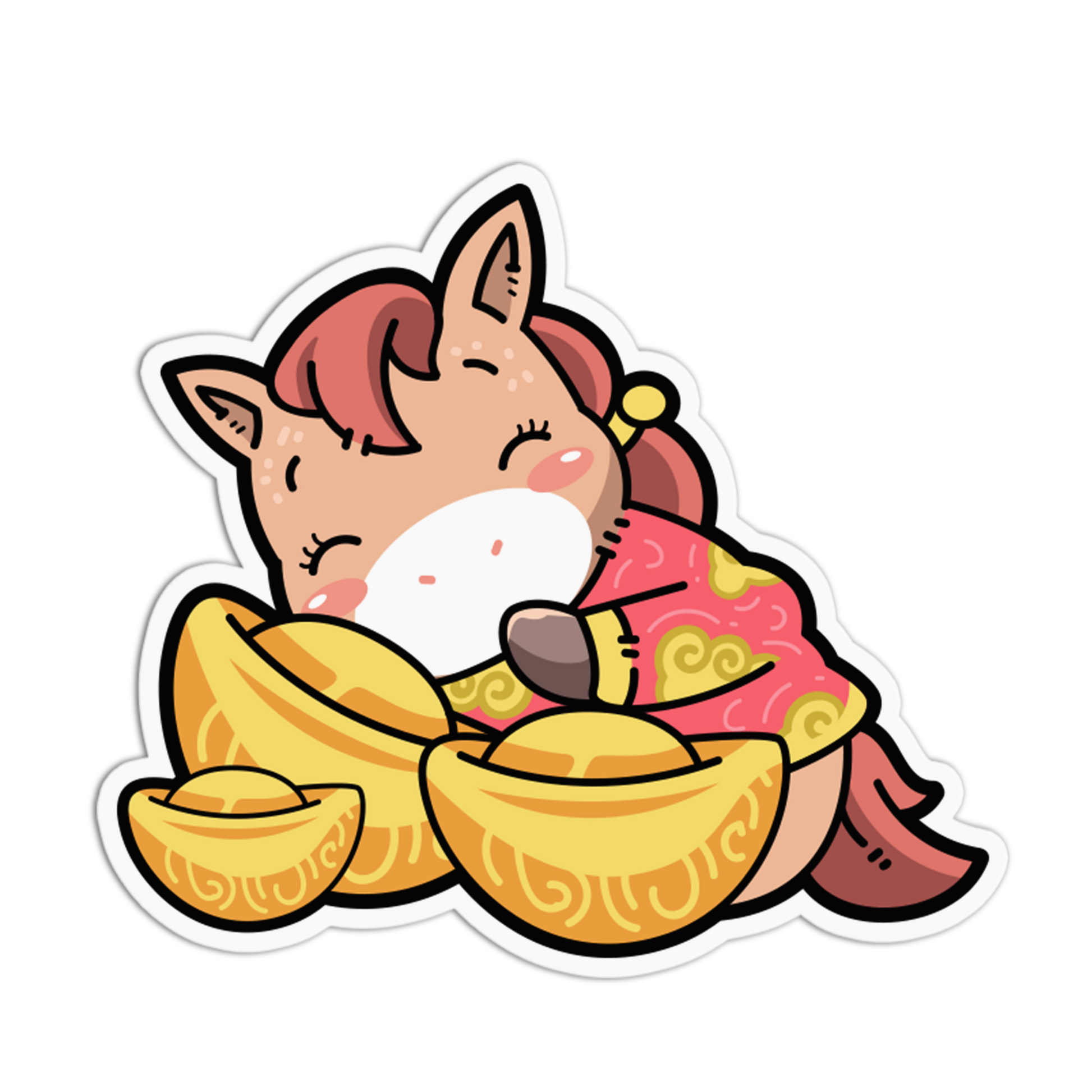 Cartoon character with pink hair and a red dress surrounded by gold ingots on a white background