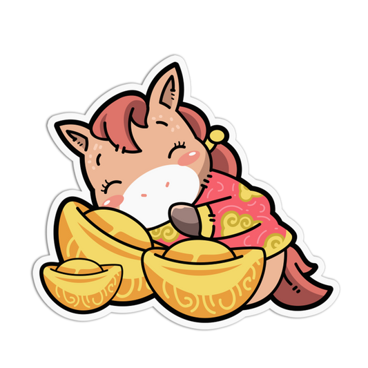 Cartoon character with pink hair and a red dress surrounded by gold ingots on a white background
