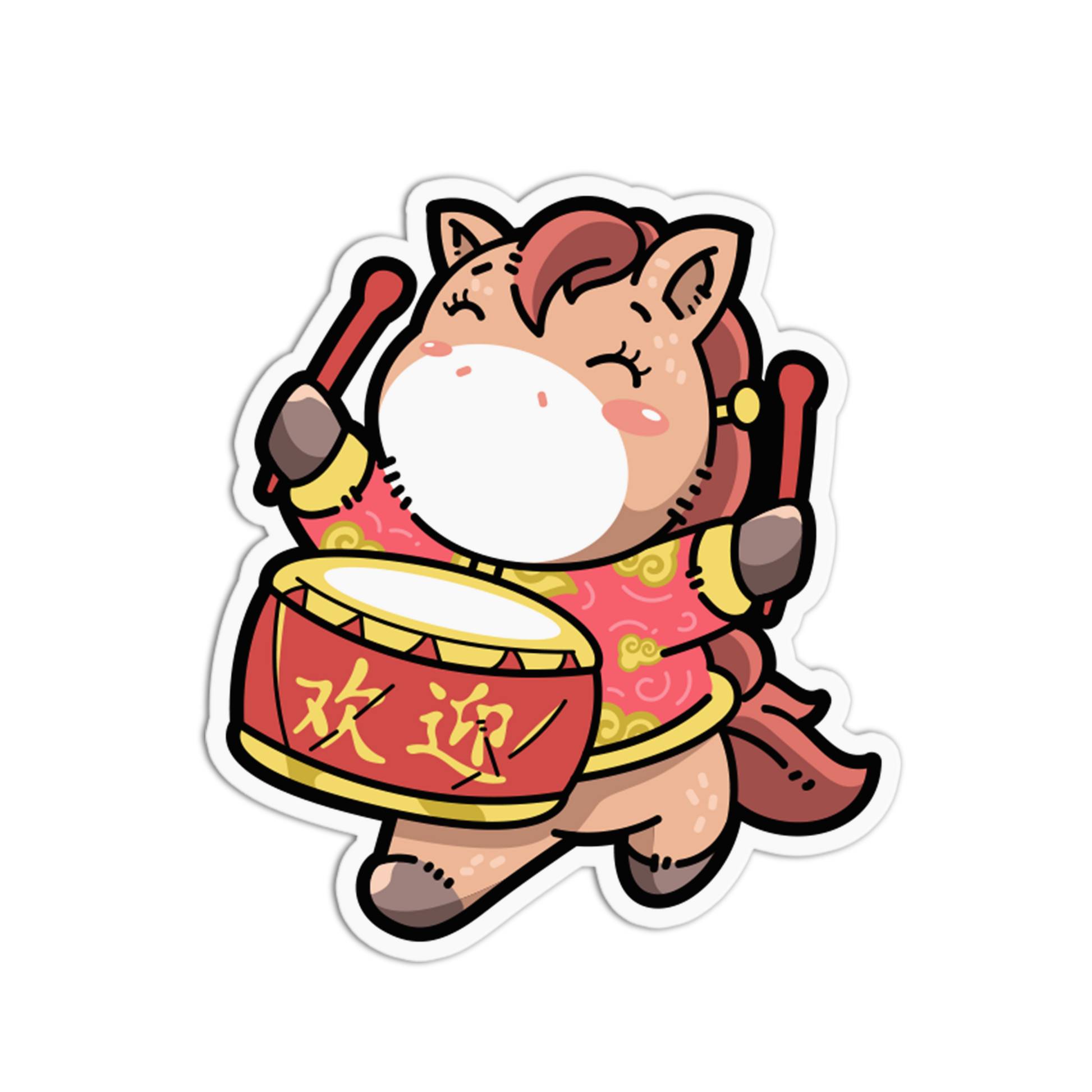 Cartoon cow in traditional Chinese clothing with a drum, on a white background