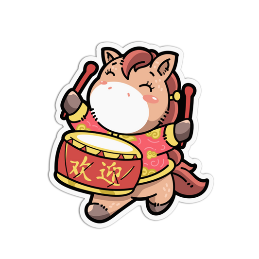 Cartoon cow in traditional Chinese clothing with a drum, on a white background