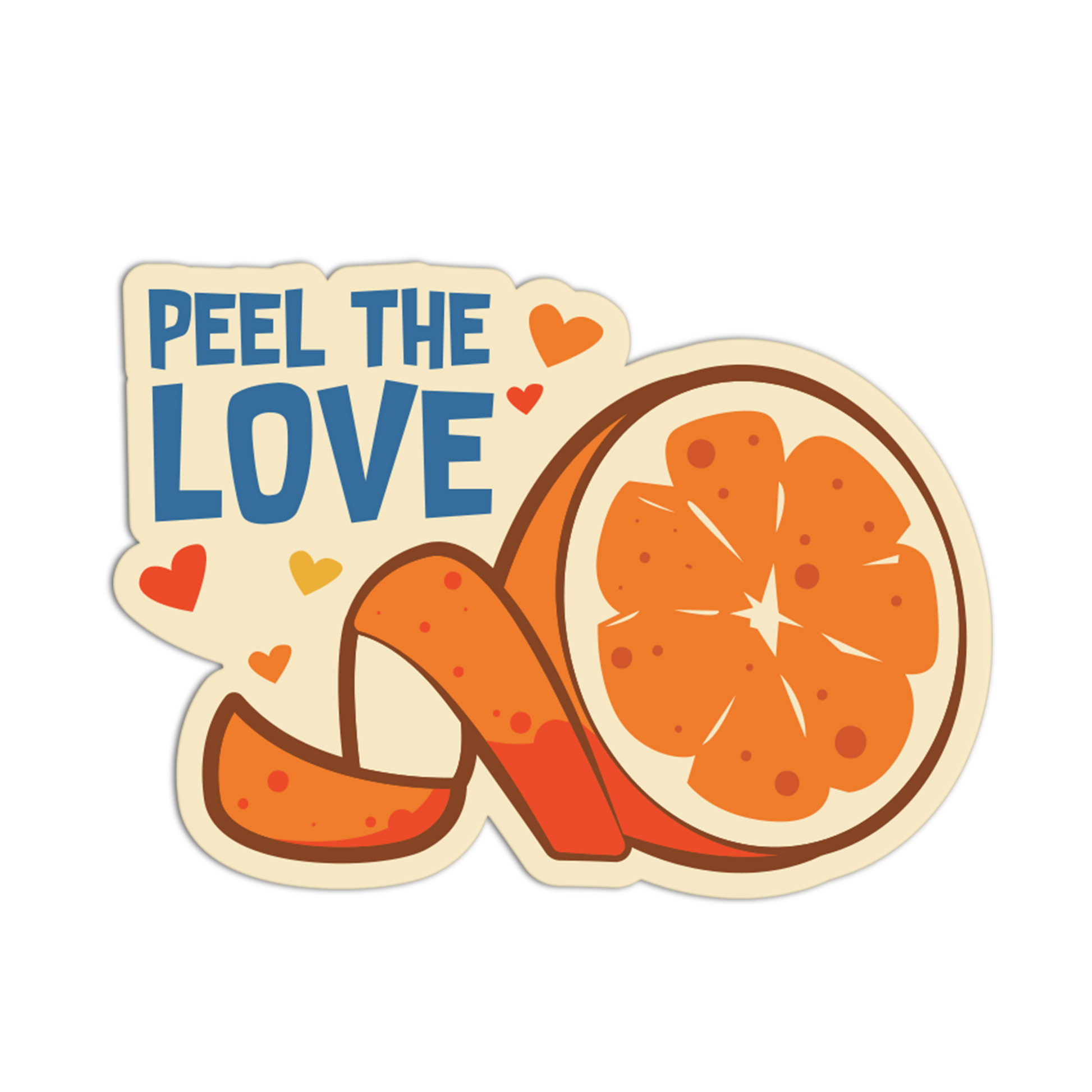 Sticker with orange slices and 'Peel the Love' text on a white background