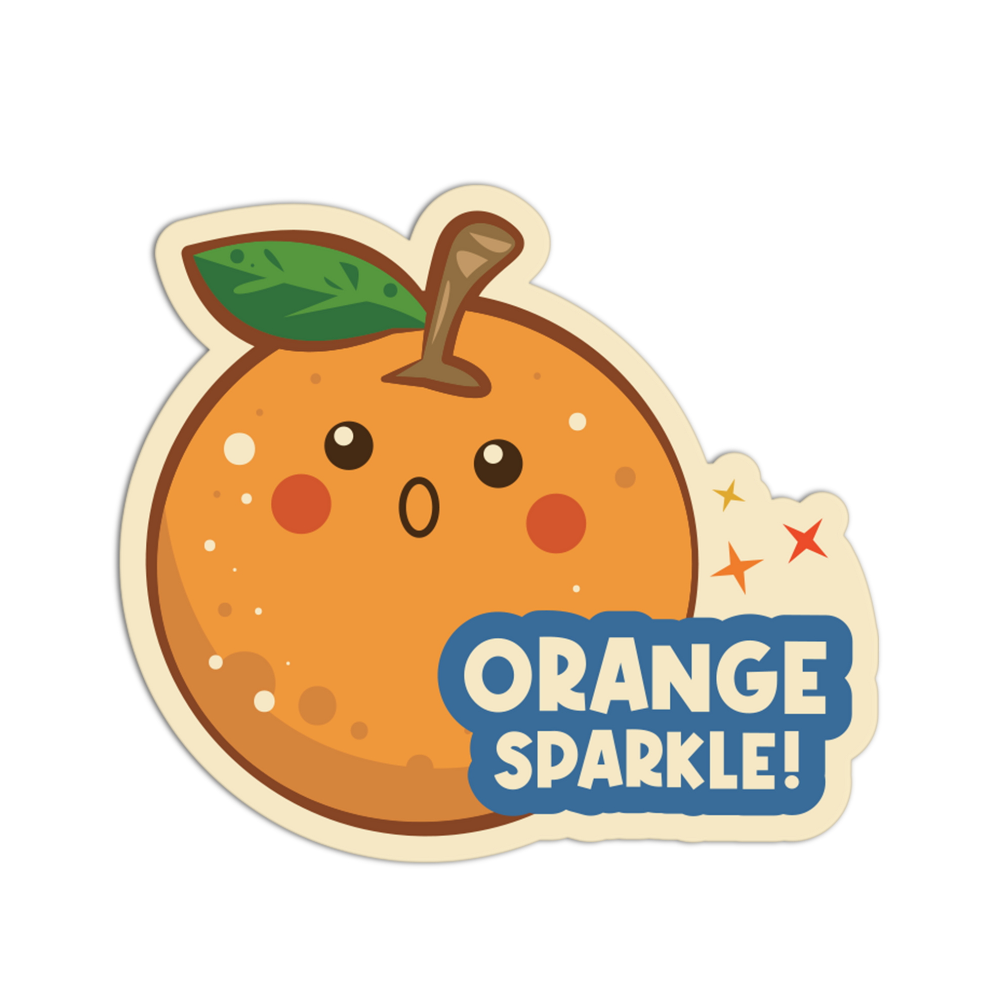 Cartoon orange character with a smiling face and 'Orange Sparkle!' text on a white background