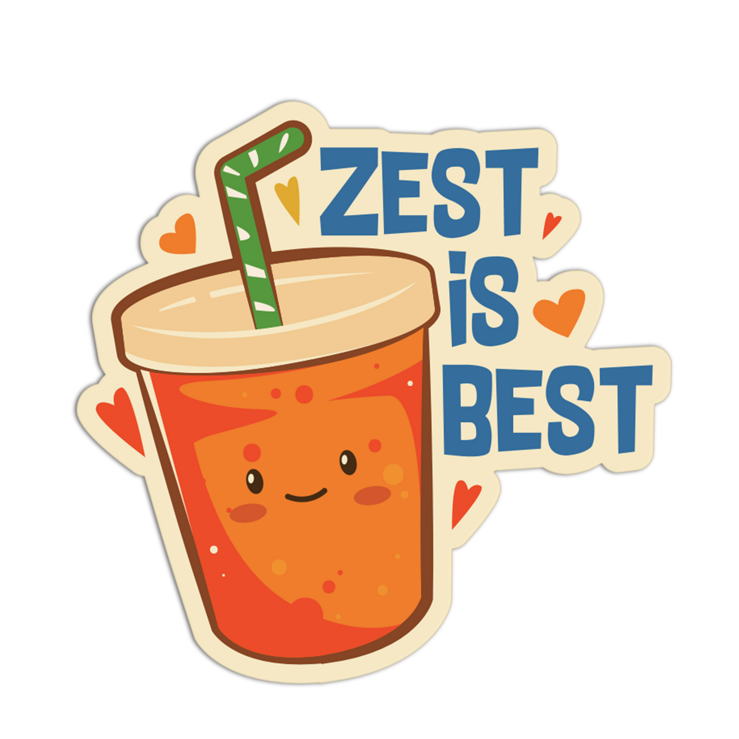 Sticker with a drink cup and straw, and 'Zest is Best' text on a white background