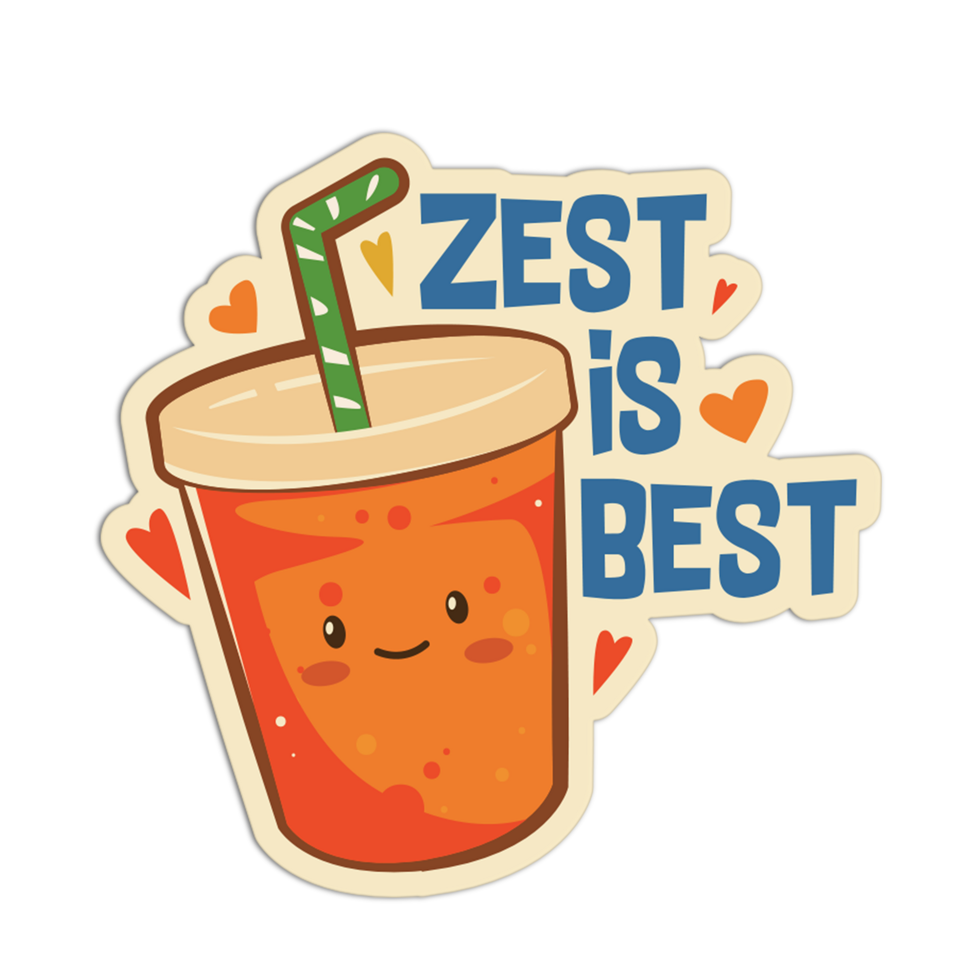 Sticker with a drink cup and straw, and 'Zest is Best' text on a white background