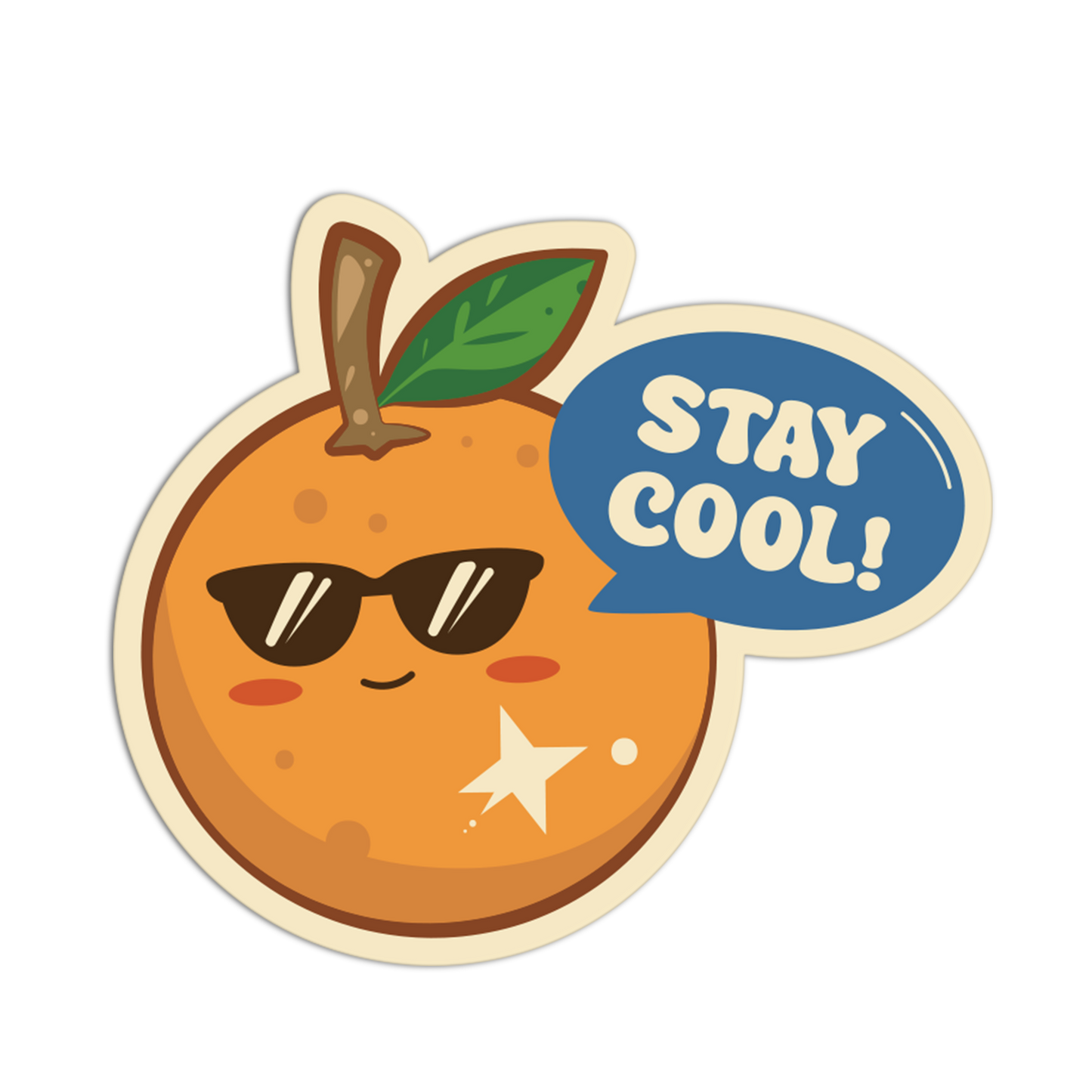 Cartoon orange with sunglasses and a 'Stay Cool!' speech bubble on a white background