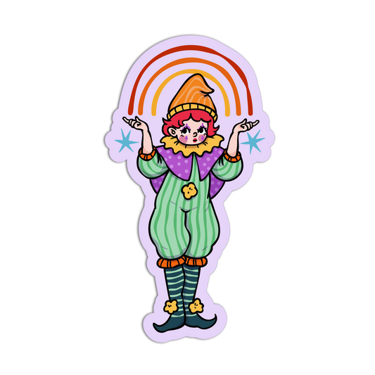 A die-cut sticker featuring a cartoon clown character with pink hair, a striped green and purple outfit, and a rainbow behind them, shown on a plain white background.