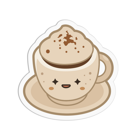 Cartoon coffee cup with a smiling face on a white background