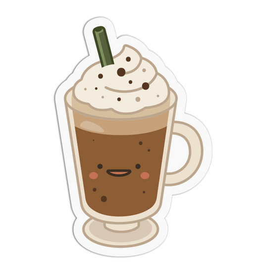Cartoon-style hot chocolate with whipped cream and a straw on a white background