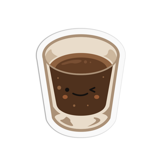 Cartoon-style shot glass with a face filled with chocolate liquid on a white background