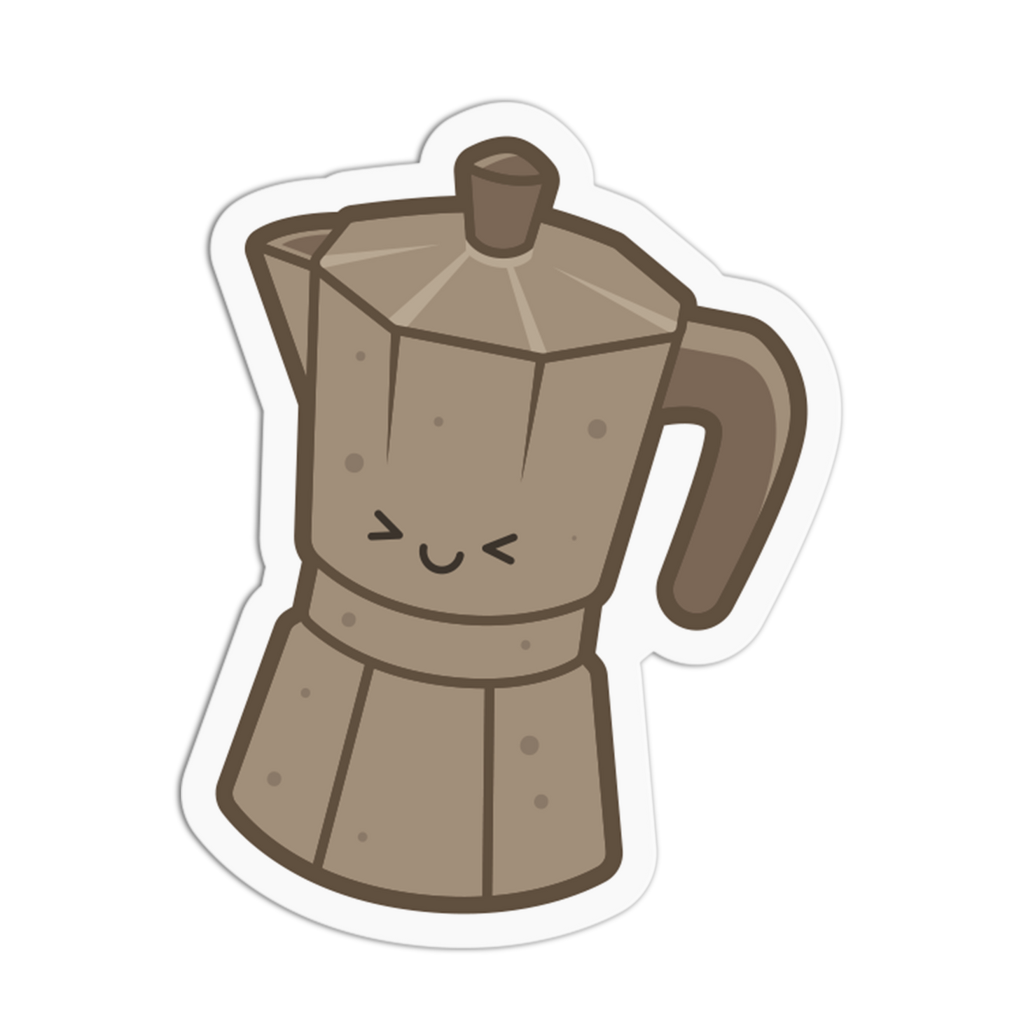 Cartoon-style moka pot with a smiling face on a white background