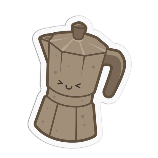 Cartoon-style moka pot with a smiling face on a white background