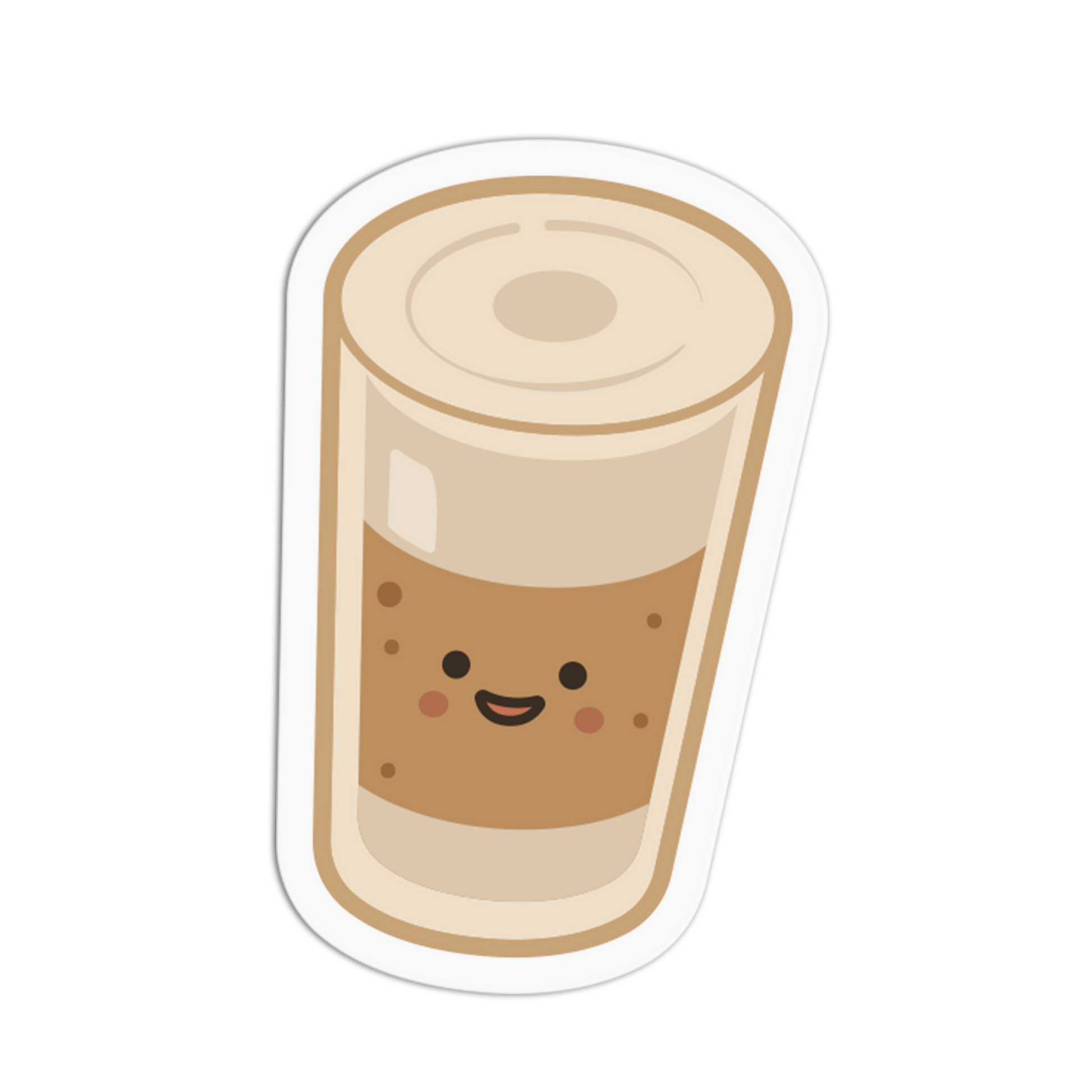 Cartoon-style coffee cup with a smiling face on a white background