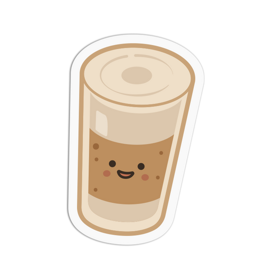 Cartoon-style coffee cup with a smiling face on a white background