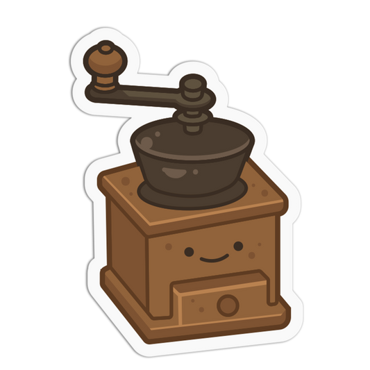 Cartoon-style coffee grinder with a smiling face on a white background