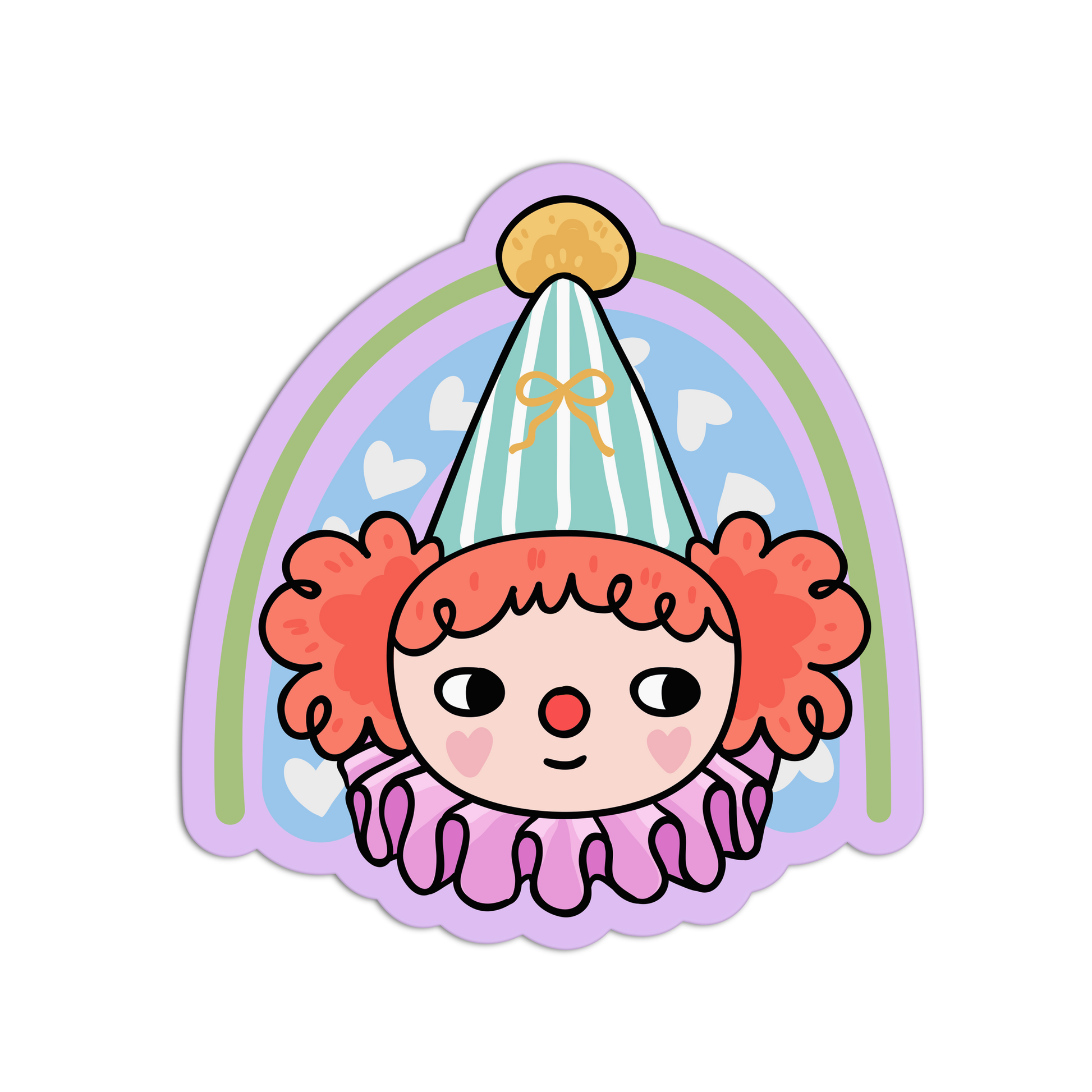 Cartoon character with red hair and a party hat on a colorful background