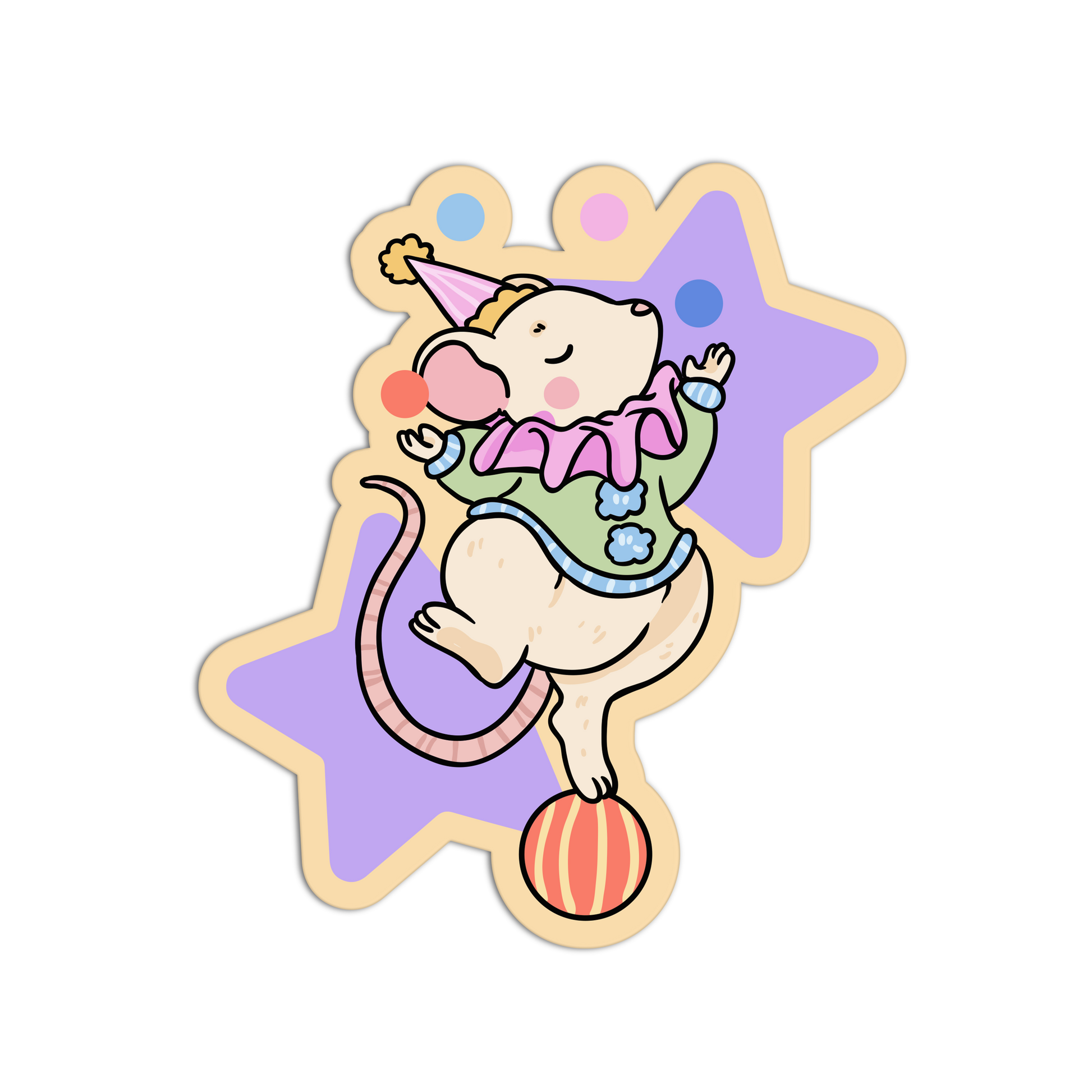 Illustration of a mouse in a party hat on a star-shaped background