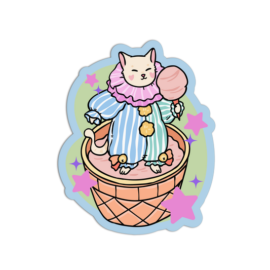 Sticker of a cartoon cat in a clown outfit with stars and an ice cream cone on a white background