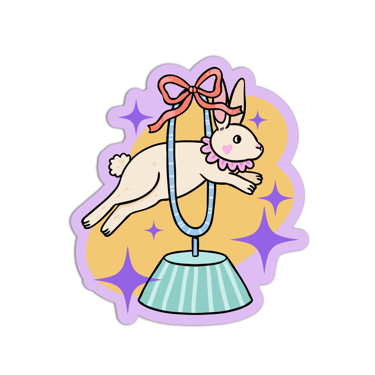 Illustration of a rabbit on a carousel with a bow and stars on a white background