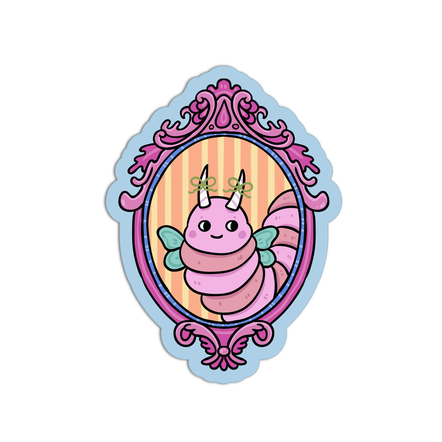 Cartoon creature with unicorn horns in a decorative mirror frame on a white background