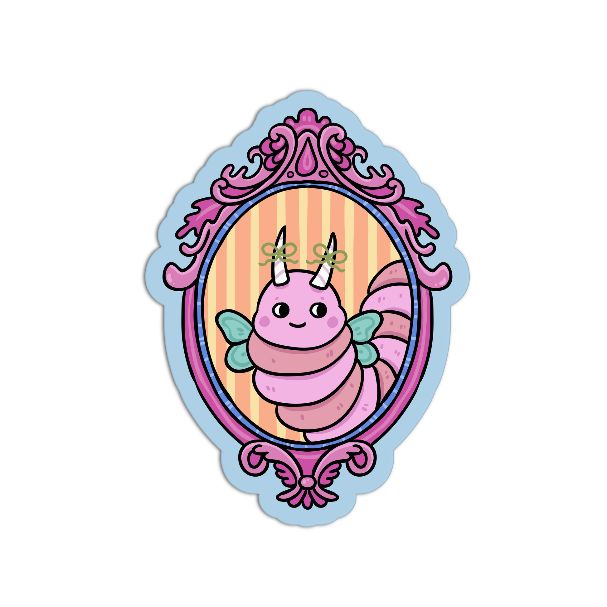 Cartoon creature with unicorn horns in a decorative mirror frame on a white background