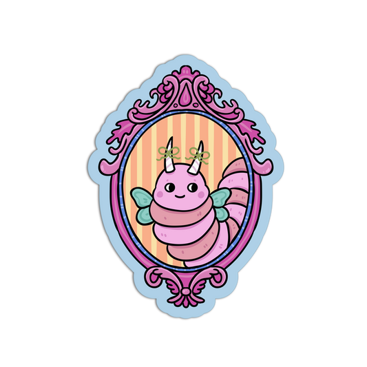 Cartoon creature with unicorn horns in a decorative mirror frame on a white background