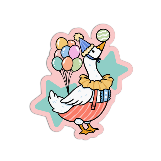 Cartoon duck with balloons and party hat on a white background