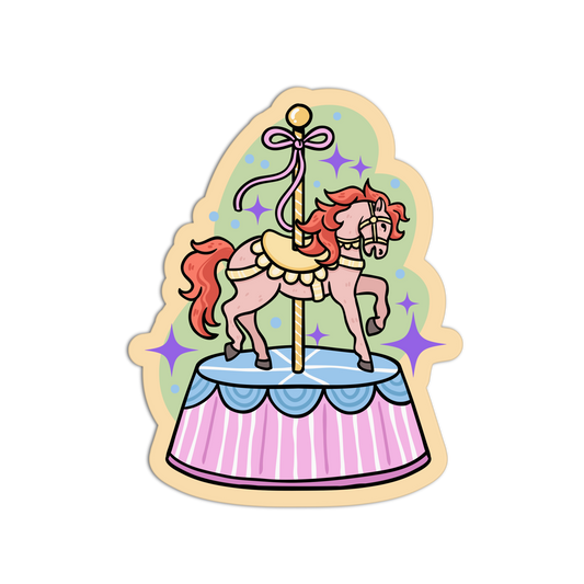 Cartoon carousel horse with colorful design on a white background