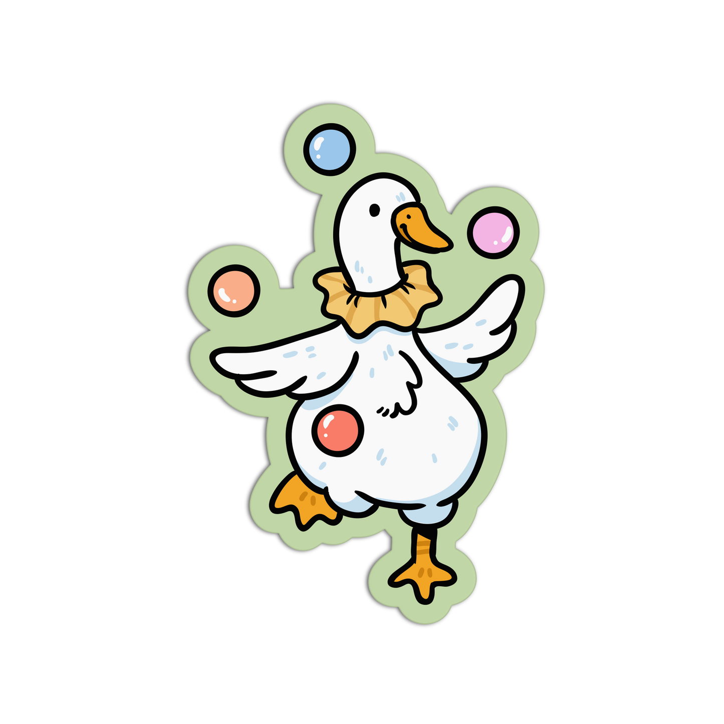Cartoon duck character with colorful spots on a white background