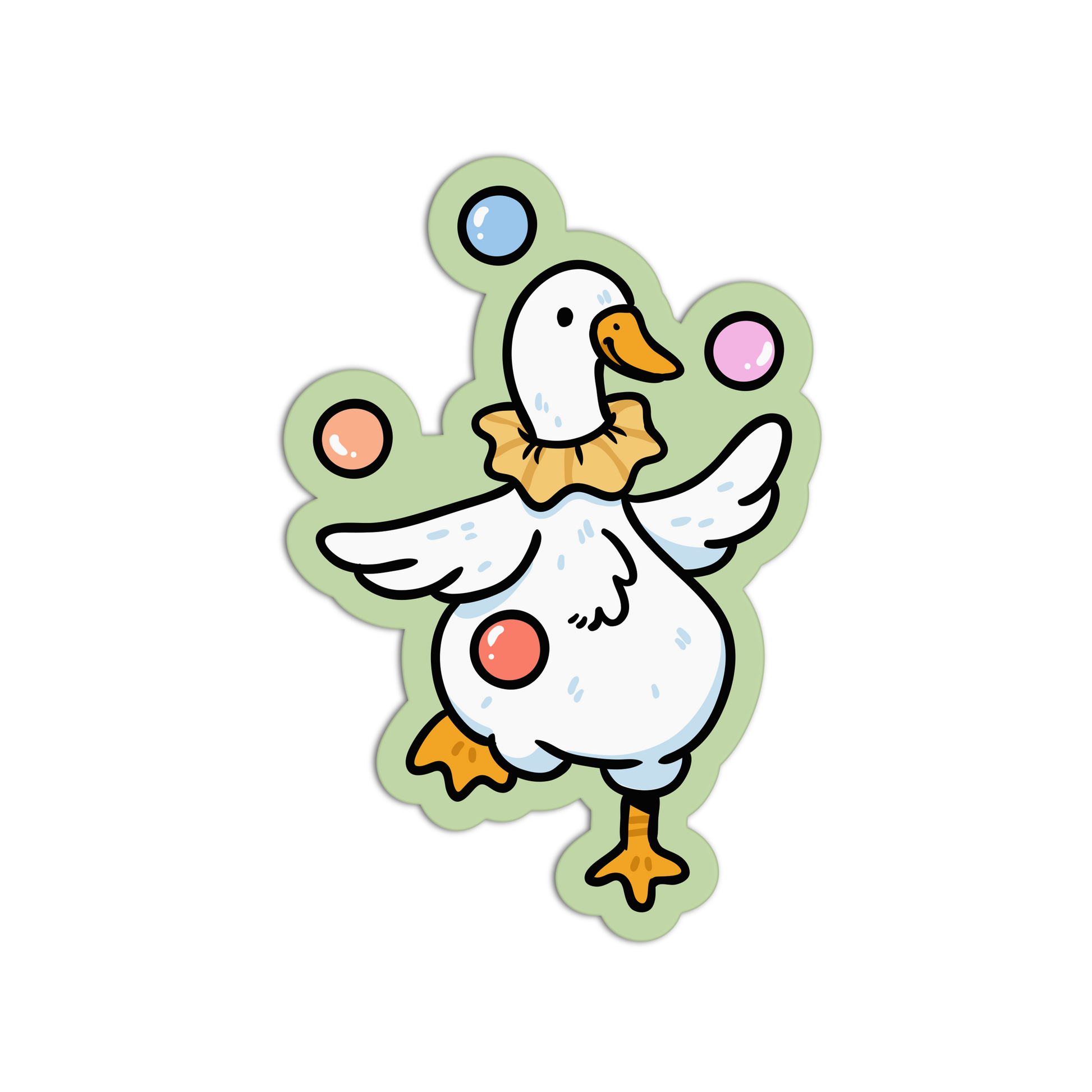 Cartoon duck character with colorful spots on a white background