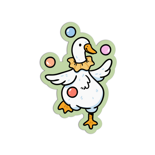 Cartoon duck character with colorful spots on a white background
