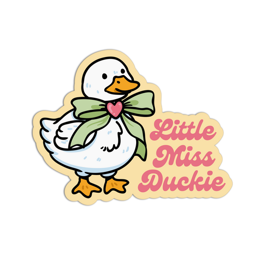 Cartoon duck with a bow and 'Little Miss Duckie' text on a white background
