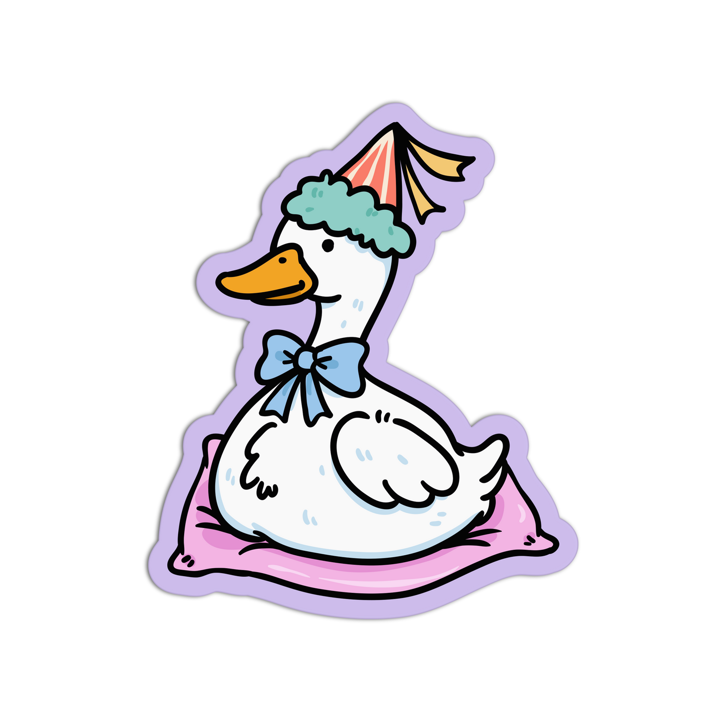 Cartoon duck with a bow tie and colorful hat on a white background