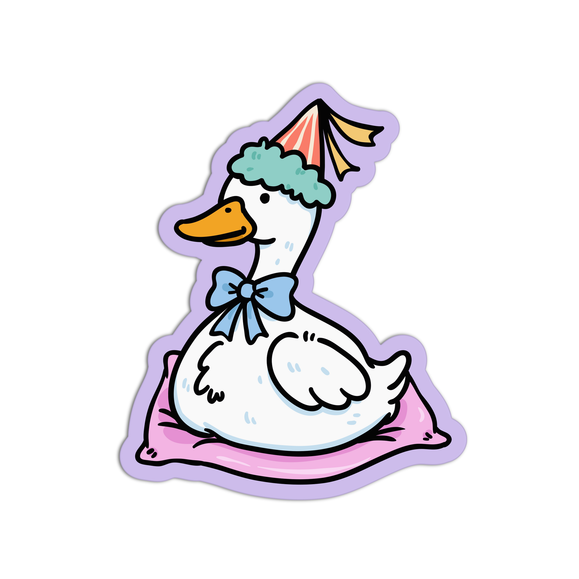 Cartoon duck with a bow tie and colorful hat on a white background