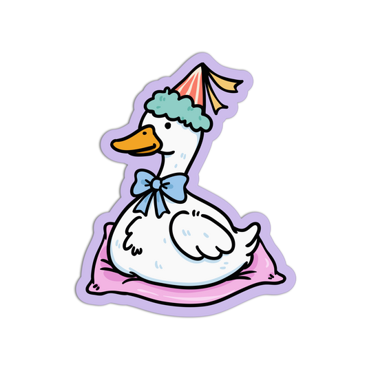 Cartoon duck with a bow tie and colorful hat on a white background