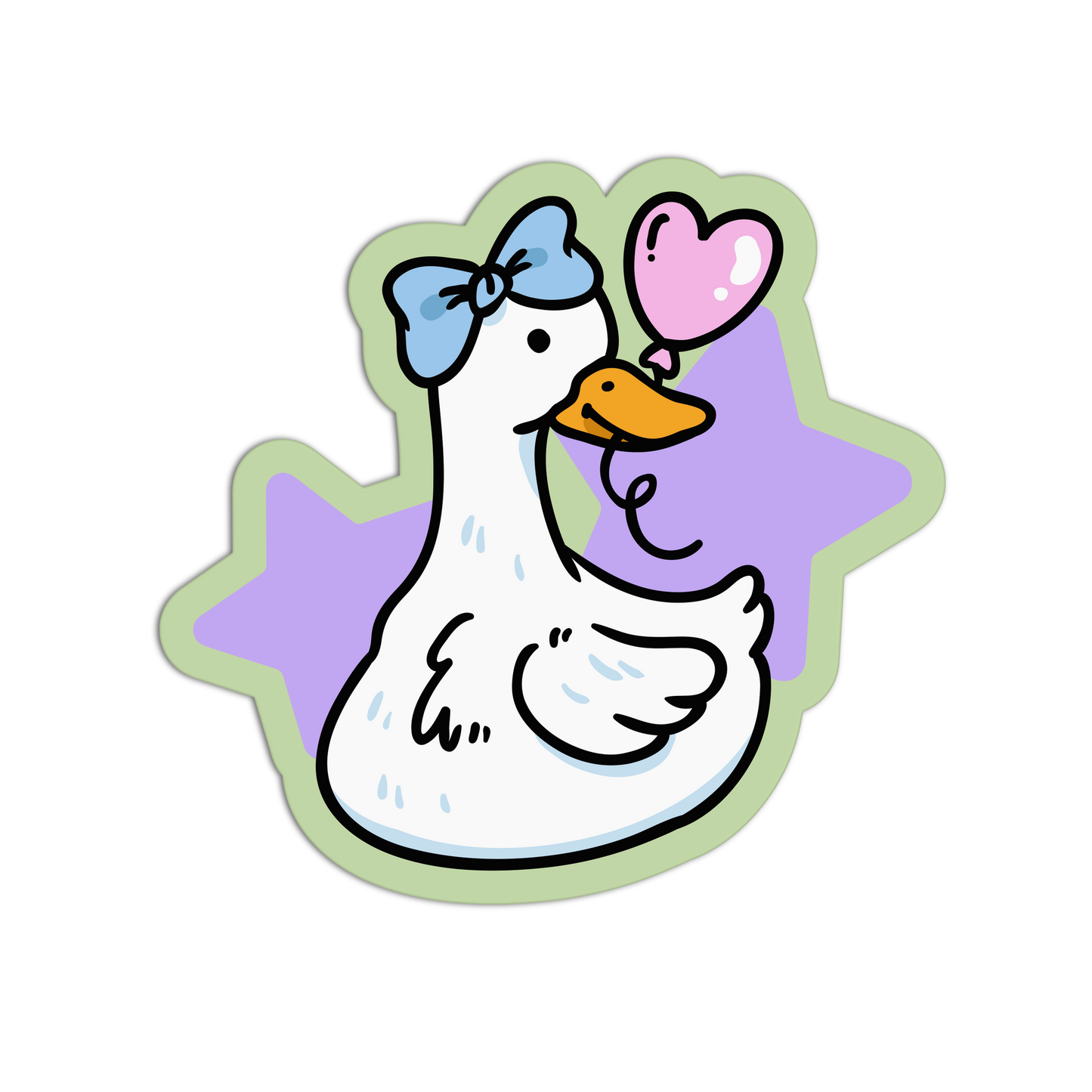 Cartoon duck with a bow and heart-shaped balloon on a star background