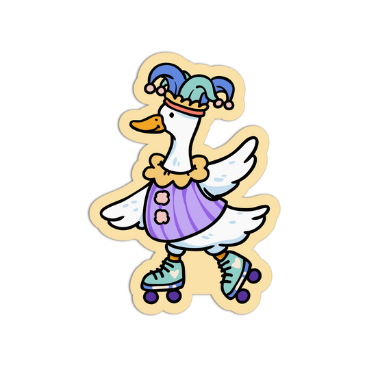 Cartoon duck character with a jester hat and roller skates on a white background