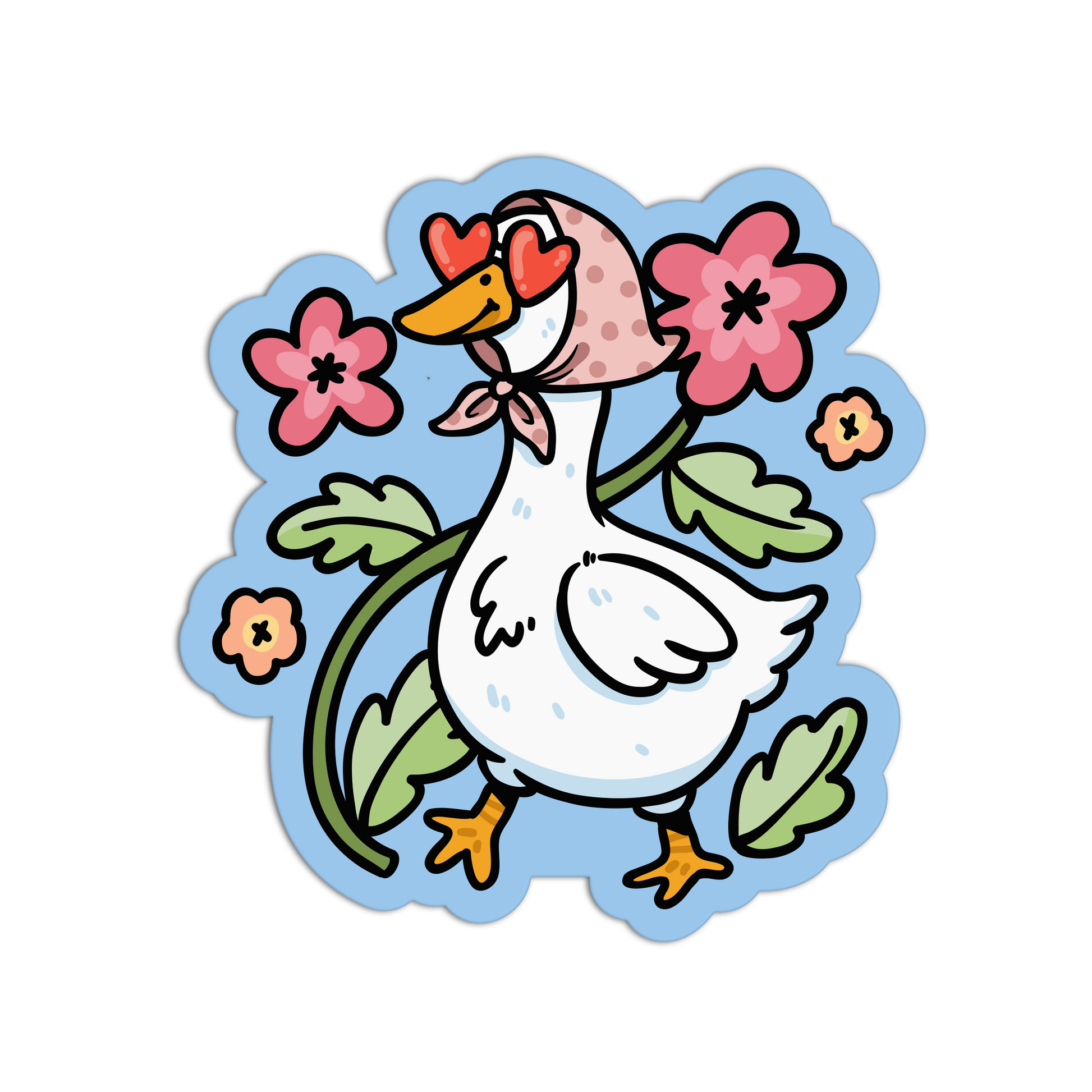 Cartoon duck with flowers and a polka dot headscarf on a blue background