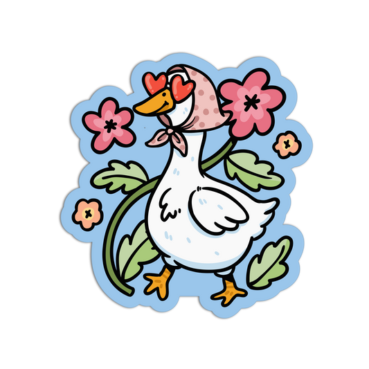 Cartoon duck with flowers and a polka dot headscarf on a blue background