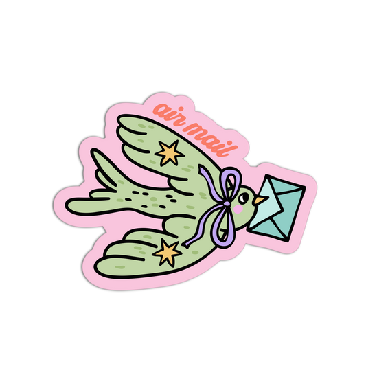 Sticker of a green bird with a blue envelope and 'air mail' text on a pink border.