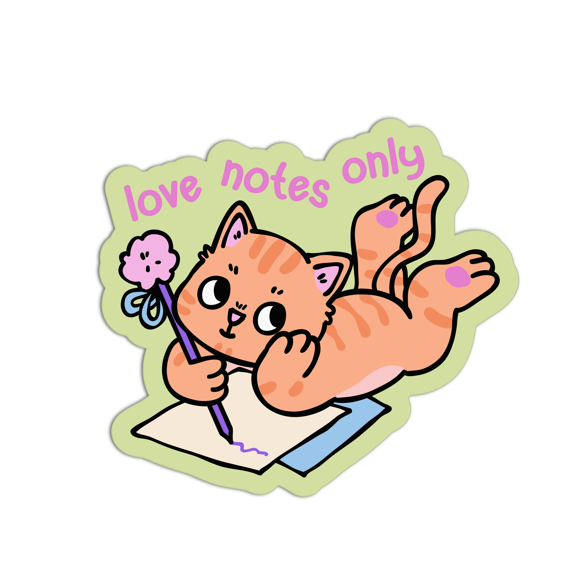 Cartoon cat holding a flower and a pen with 'love notes only' text on a white background