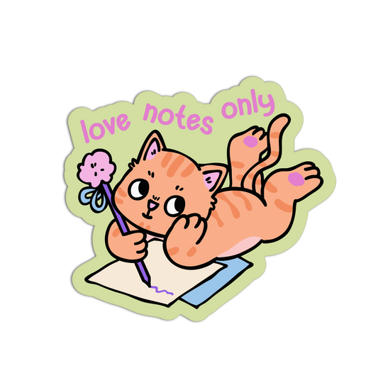 Cartoon cat holding a flower and a pen with 'love notes only' text on a white background