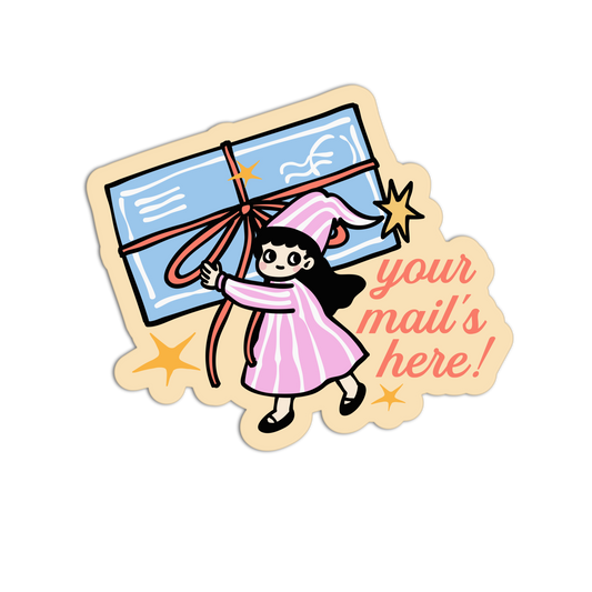 Illustration of a girl holding an open mailbox with text 'your mail's here!' on a white background
