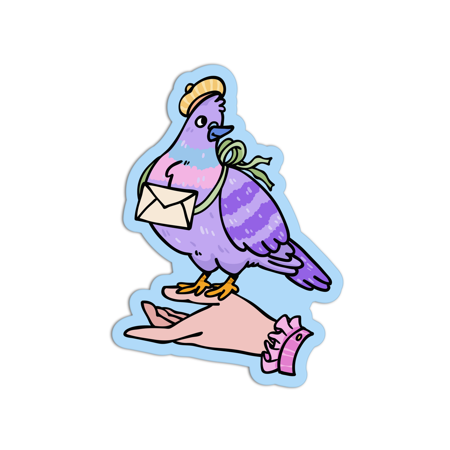 Colorful sticker of a pigeon holding an envelope on a hand with a decorative bracelet.