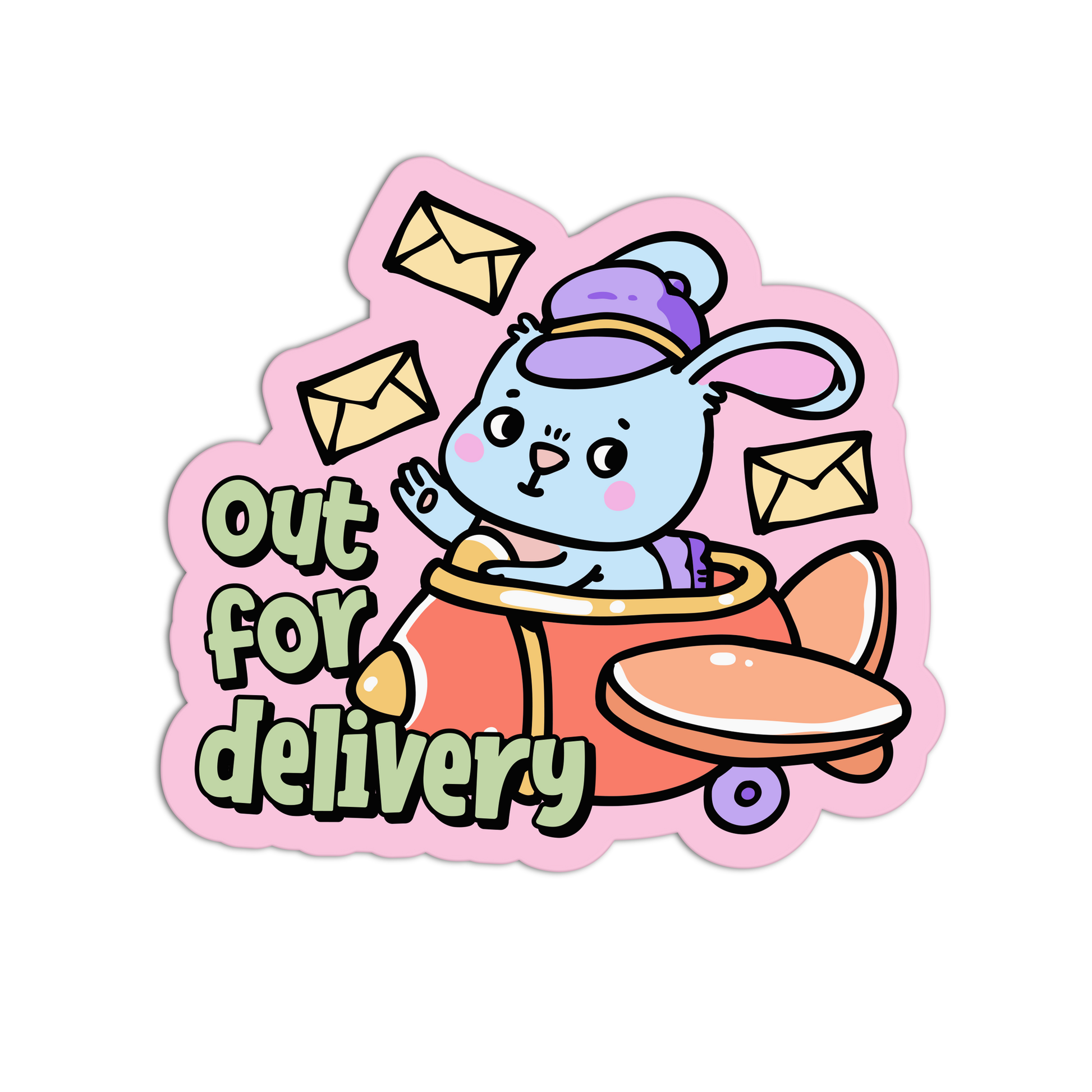 Cartoon character in a delivery vehicle with envelopes and 'out for delivery' text on a pink background