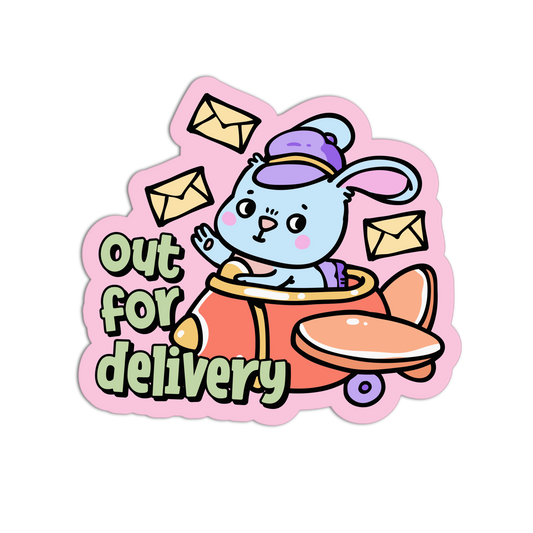 Cartoon character in a delivery vehicle with envelopes and 'out for delivery' text on a pink background