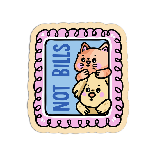 Sticker with cartoon cats and 'NOT BILLS' text on a pink border