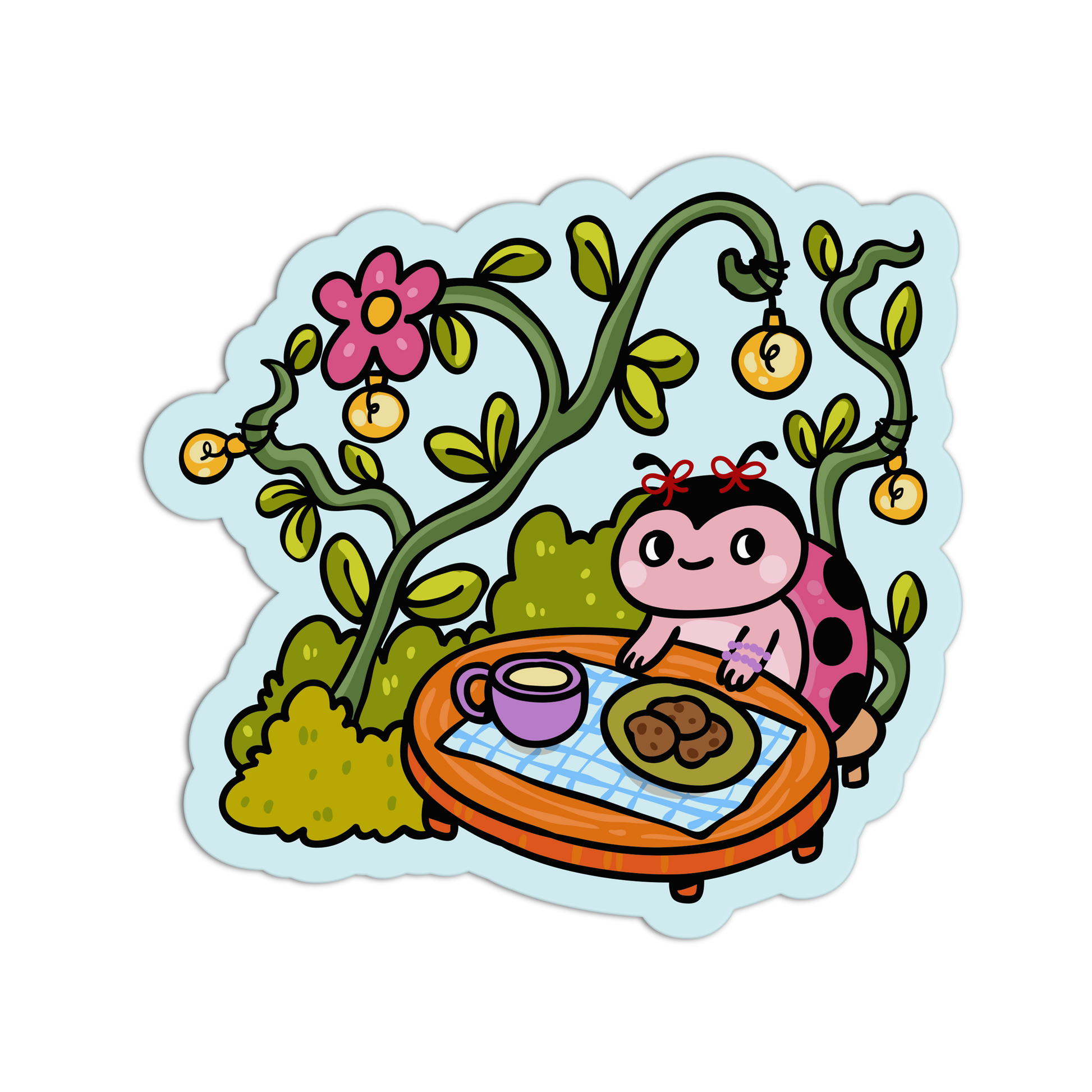 Cartoon ladybug sitting at a table with food and drinks, surrounded by plants and flowers.