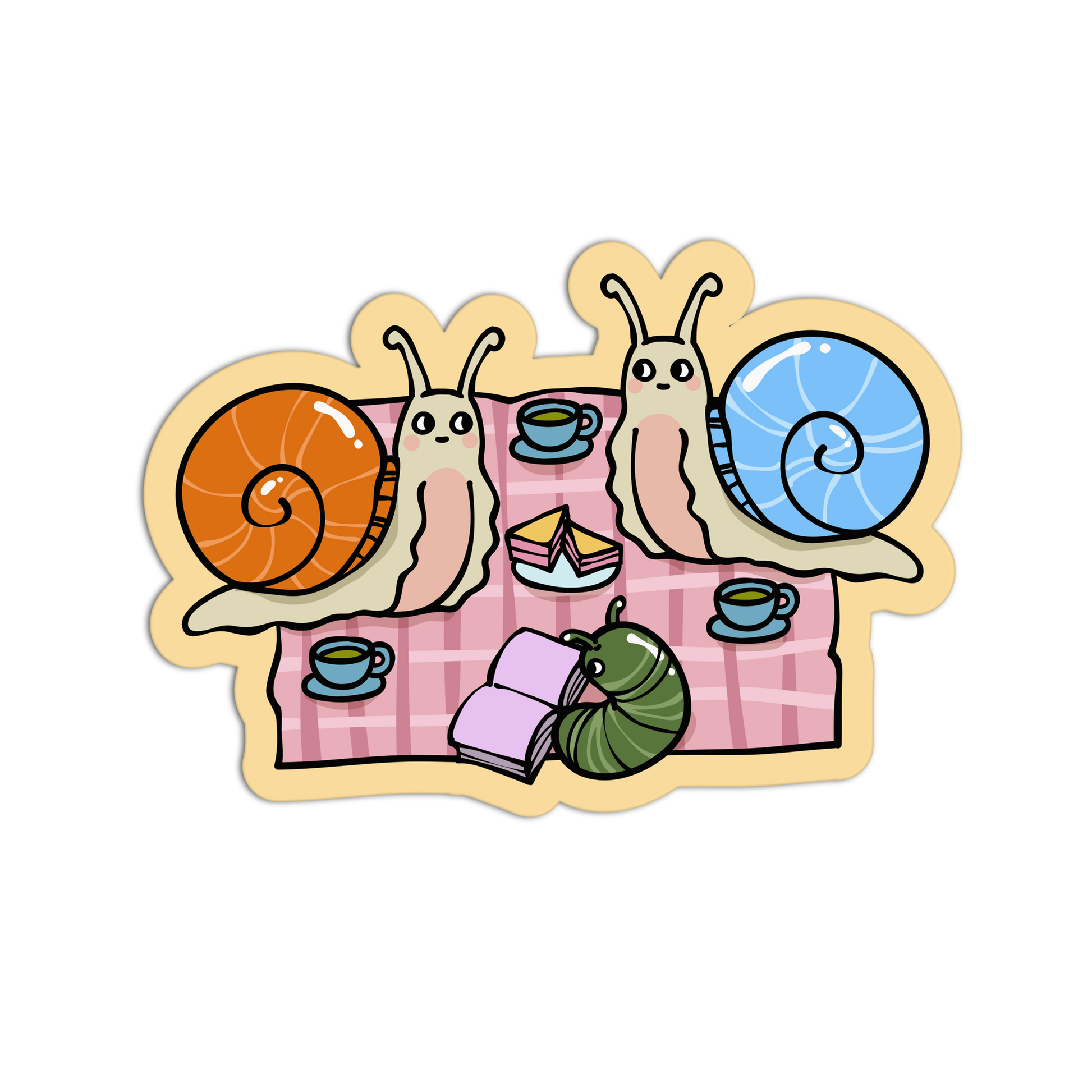 Illustration of two snails and a caterpillar having tea on a checkered tablecloth.