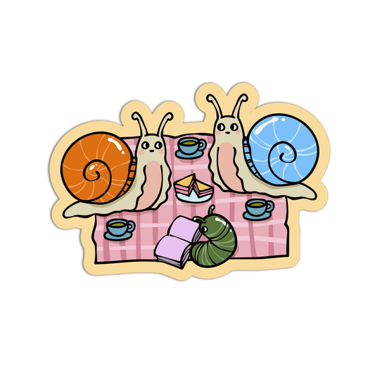 Illustration of two snails and a caterpillar having tea on a checkered tablecloth.